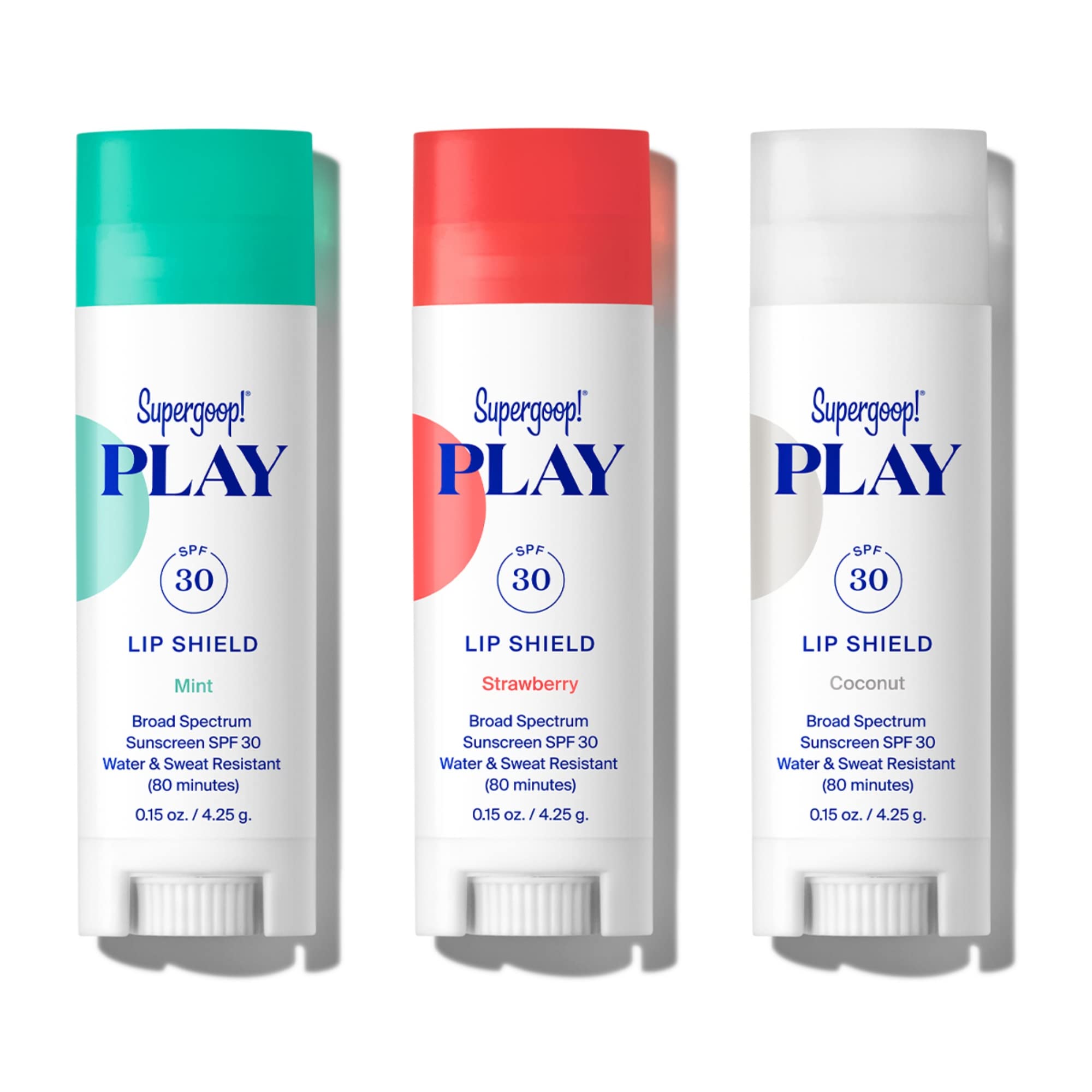 Supergoop! PLAY Lip Shield SPF 30 with Mint, Strawberry & Coconut - 3 Pack - Lip Balm - Moisturizing Treatment For Dry Cracked Lips - Broad Spectrum UV Protection
