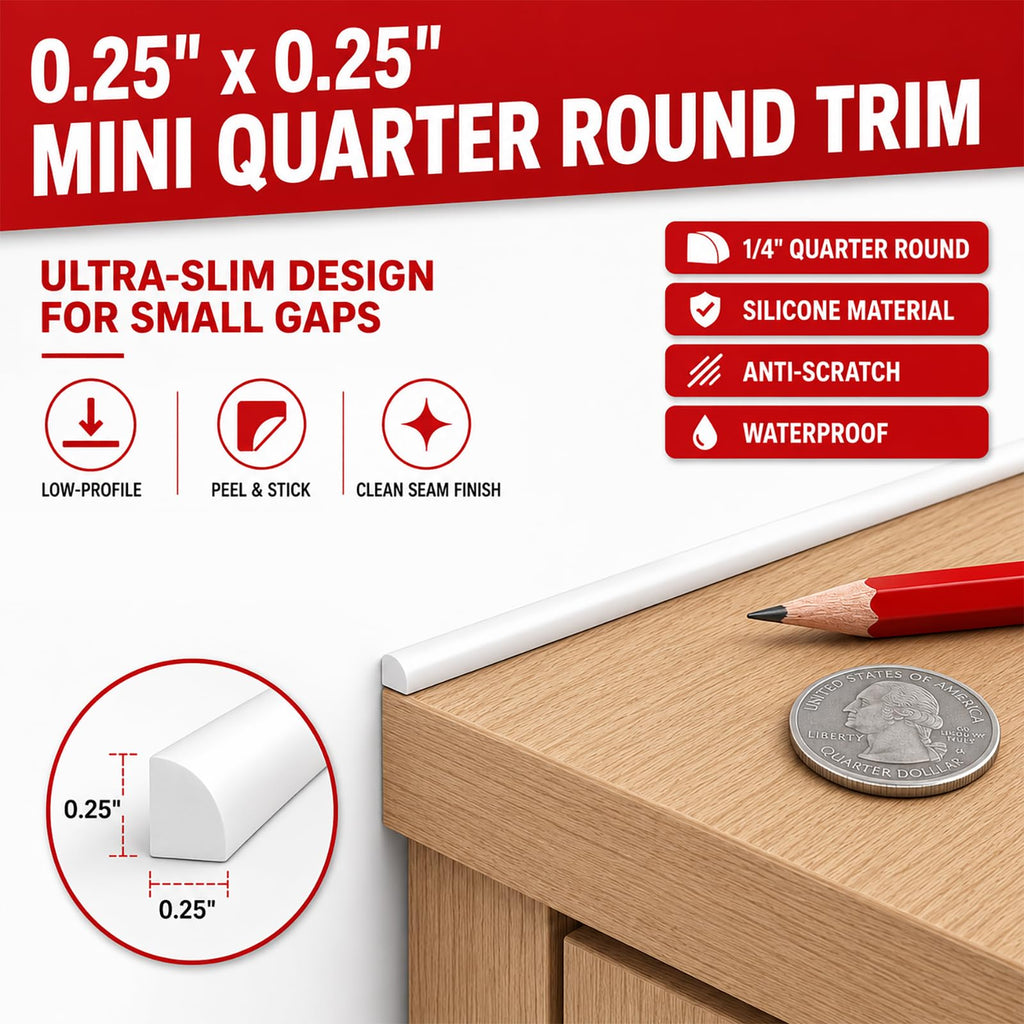 0.25" x 0.25" Mini Quarter Round Molding, 10FT Ultra-Slim Peel and Stick Trim for Small Gaps, Countertop Wall Seam, Window Sill, Desk & Cabinet Edge, Flexible Self Adhesive Finishing Strip