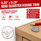 0.25" x 0.25" Mini Quarter Round Molding, 10FT Ultra-Slim Peel and Stick Trim for Small Gaps, Countertop Wall Seam, Window Sill, Desk & Cabinet Edge, Flexible Self Adhesive Finishing Strip