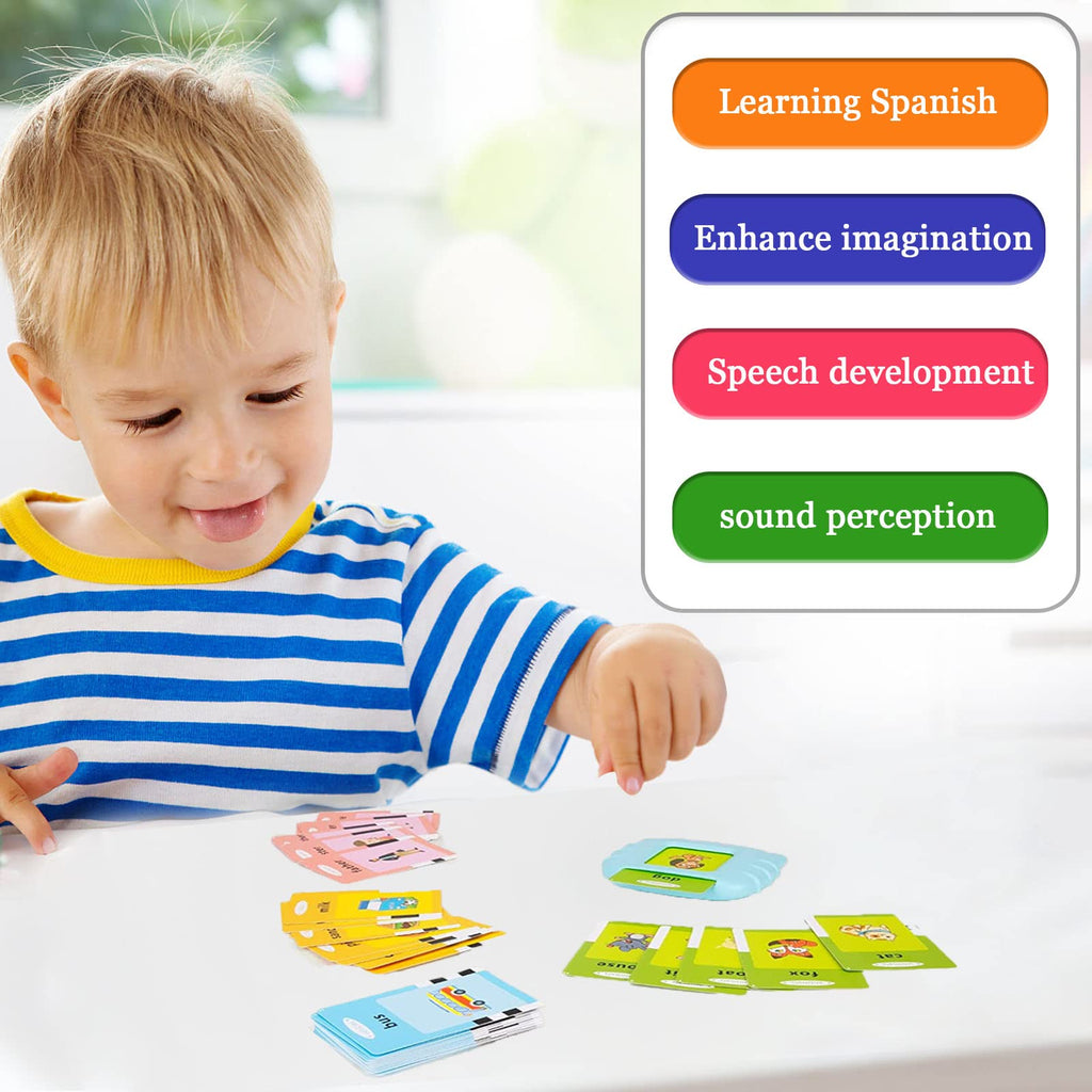 Startcan Spanish & English Talking Flash Cards for Toddlers 1 2 3 4 5 6, Audible Toys for Kids to Learn Spanish - 258 Cards and 516 Words(Blue)