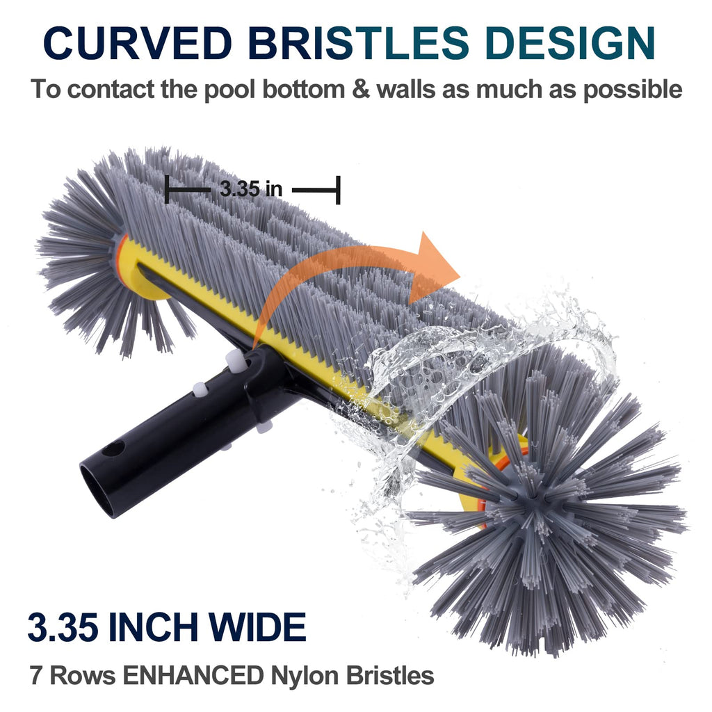 POOLAZA Pool Brush Head with Round Ends, Heavy Duty Pool Brushes for Cleaning Pool Walls, Floors Steps & Corners, 17.5" Pool Brush with Sturdy Aluminum Handle & Durable Nylon Bristles (Yellow)