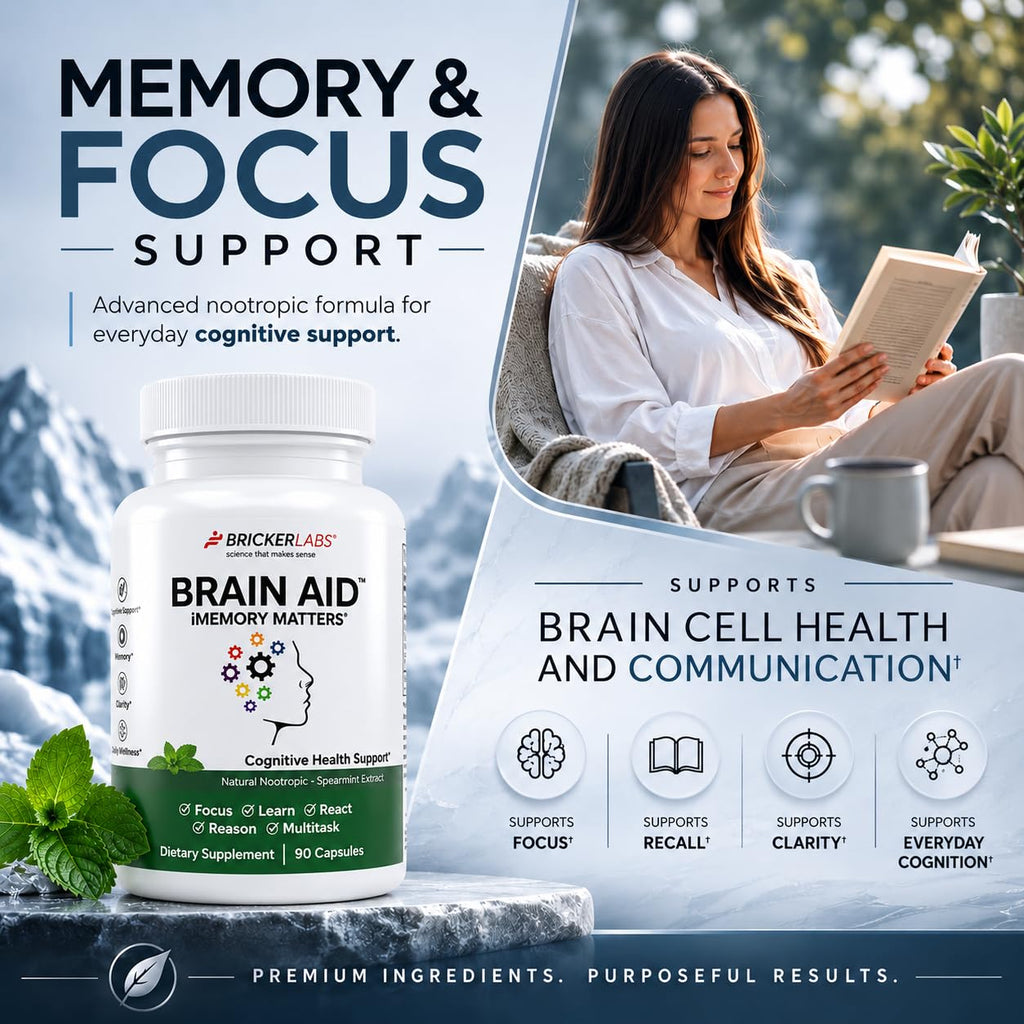 Bricker Labs Brain Aid Memory Matters – Nootropic Brain Supplement with Neumentix Spearmint Extract, Supports Memory, Focus, Mental Clarity & Cognitive Performance, Non-Stimulant Brain Health Support