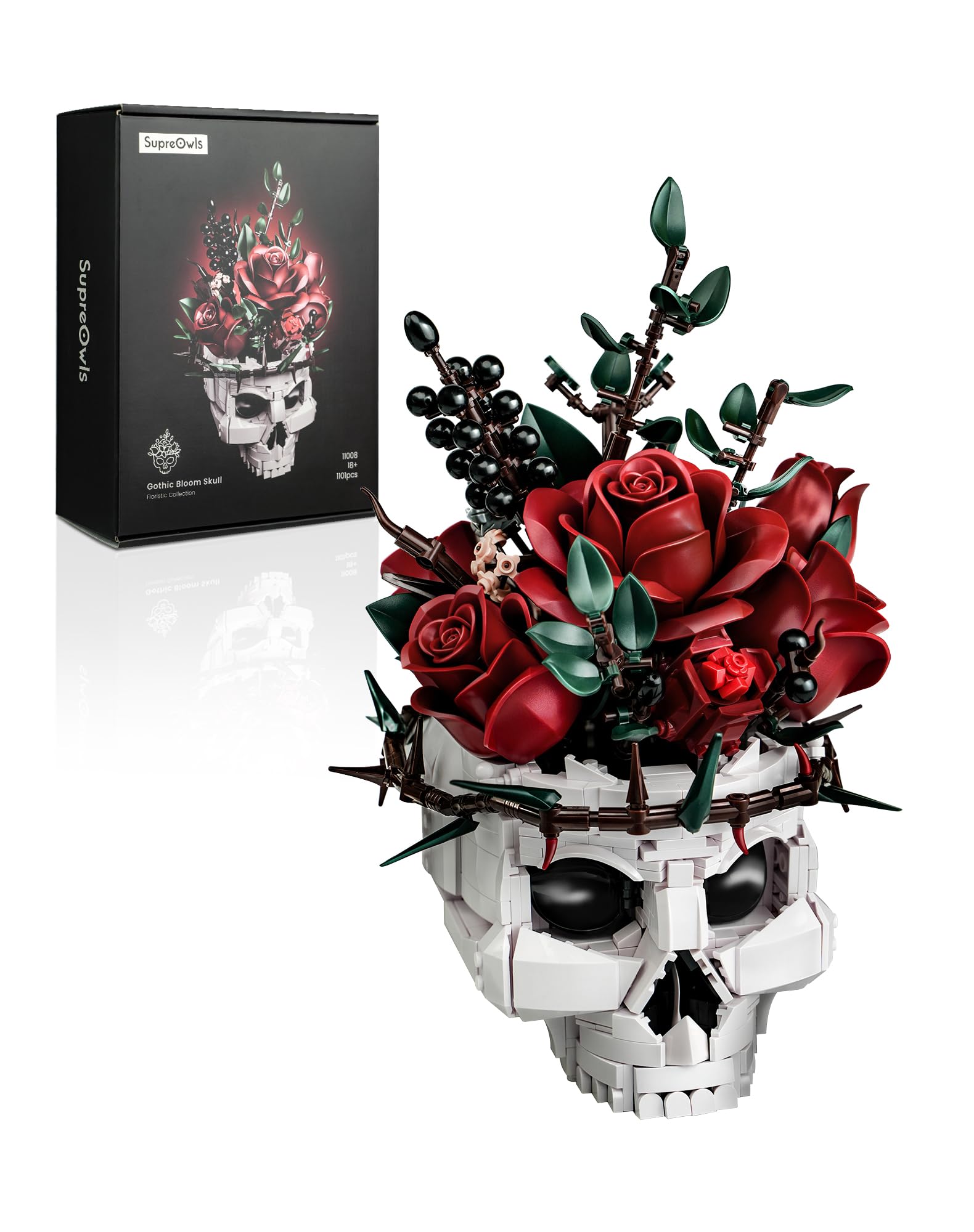iATOM Skull Rose Bouquet Building Set, Compatible with Lego Flowers for Adult - Halloween Gothic Horror Skeleton Plant Pot Home Decor - Artificial Flower Botanical Collection Gifts, IA11008