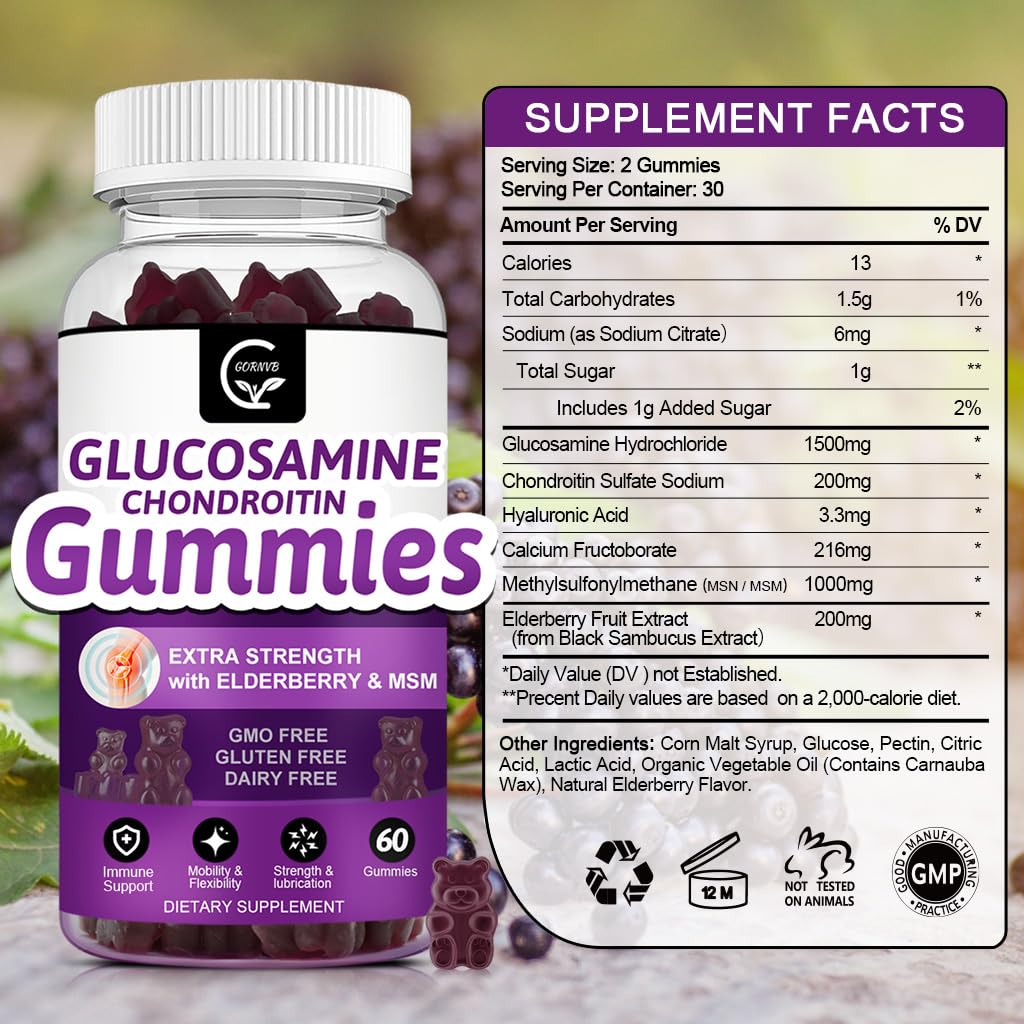 GORNVB Glucosamine Chondroitin Gummies with MSM & Elderberry – Extra Strength Mobility & Flexibility Support, Antioxidant Immune Supplement for Women & Men
