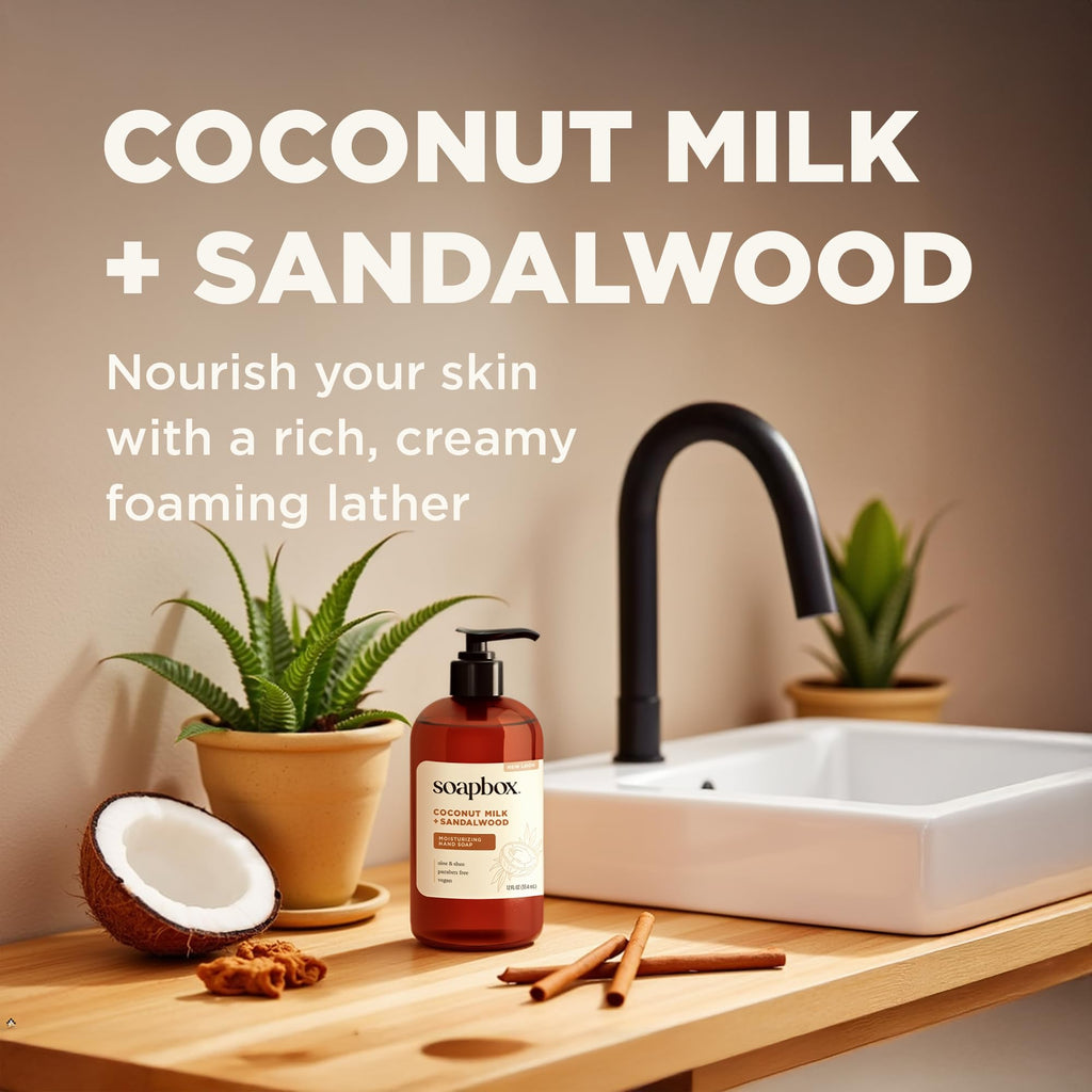 Soapbox Liquid Hand Soap, Coconut Milk & Sandalwood, Gentle & Moisturizing Hand Wash for Kitchen and Bathroom, Vegan & Cruelty Free Scented Hand Soap 12 Ounce Pump Bottles (Pack of 3)