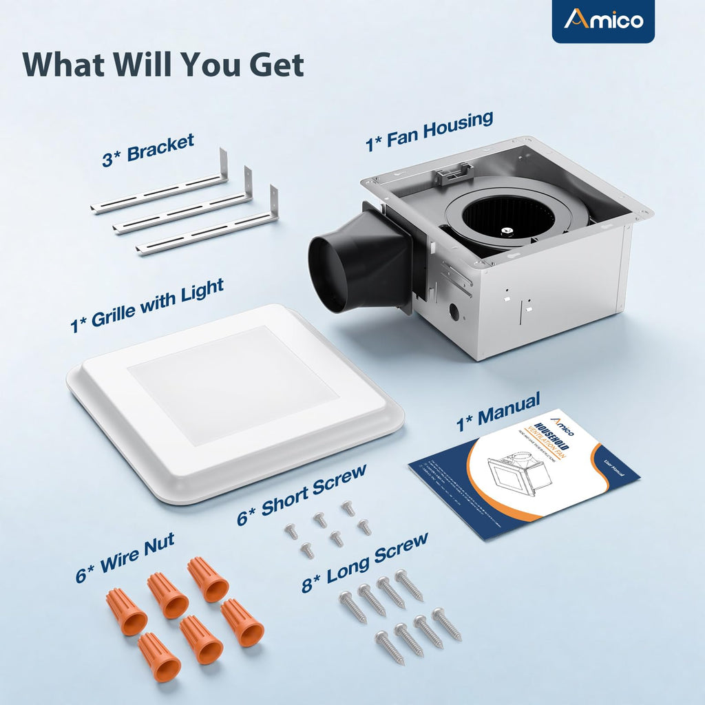 Amico Bathroom Exhaust Fan with Light, 110 CFM, 1.0 Sones, 5CCT, Easy Retrofit without Attic Access, Adjustable Bathroom Fan with light, Quiet Operation, ETL & FCC Certified