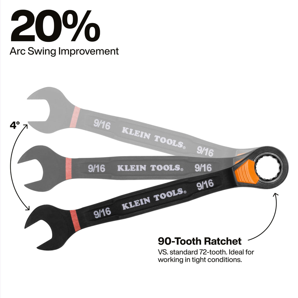 KLEIN TOOLS 69508 SAE Ratcheting Combination Wrench Set, 8-Piece, Slide-Lock 90-Tooth Ratchet, I-Beam Handle, Color-Coded Size Markings, Roll Pouch Storage