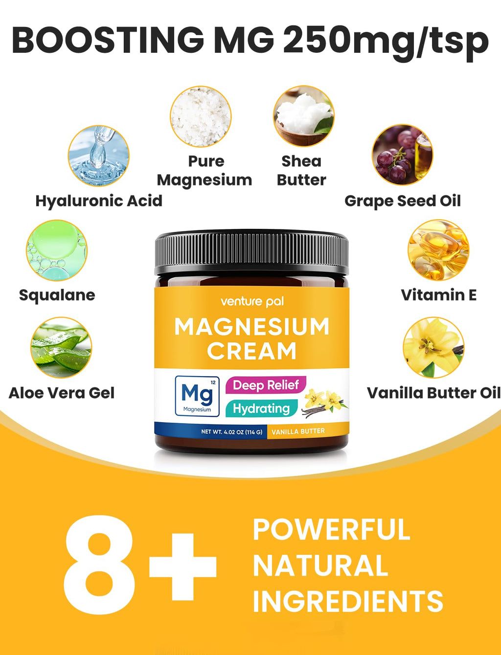 Venture Pal Magnesium Lotion, Topical Magnesium Cream, Leg & Muscle Comfort with Coconut Oil, Shea Butter & Hyaluronic Acid, Suitable for Kids