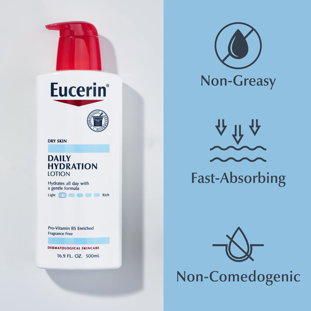 Eucerin Daily Hydration Body Lotion, Unscented Body Lotion for Sensitive Dry Skin, Holiday Gifts for Self Care, 16.9 Fl Oz Pump Bottles, Pack of 3