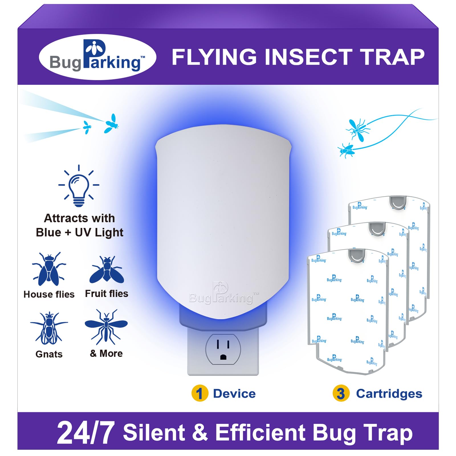 Bug Parking Flying Insect Trap, Plug-in UV Light for Gnats, Fruit Flies and Houseflies, Silent Sticky Catcher for Indoor Use, 1 Device & 3 Refills