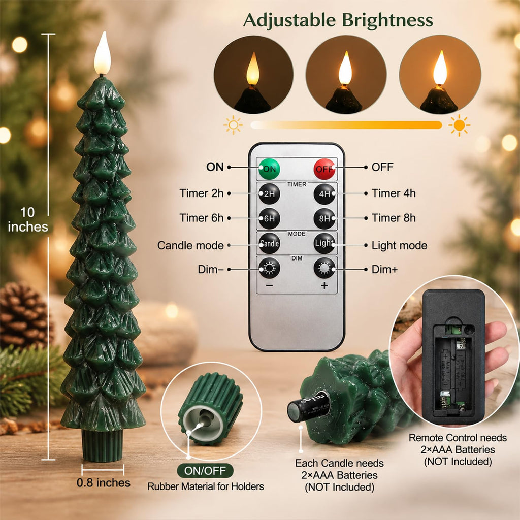 Fo32won Christmas Tree Shaped Flameless Candlesticks Battery Operated with Remote and Timer, Set of 4 Real Wax LED Taper Candles with 3D Flickering Wick for Christmas Decoration Gift