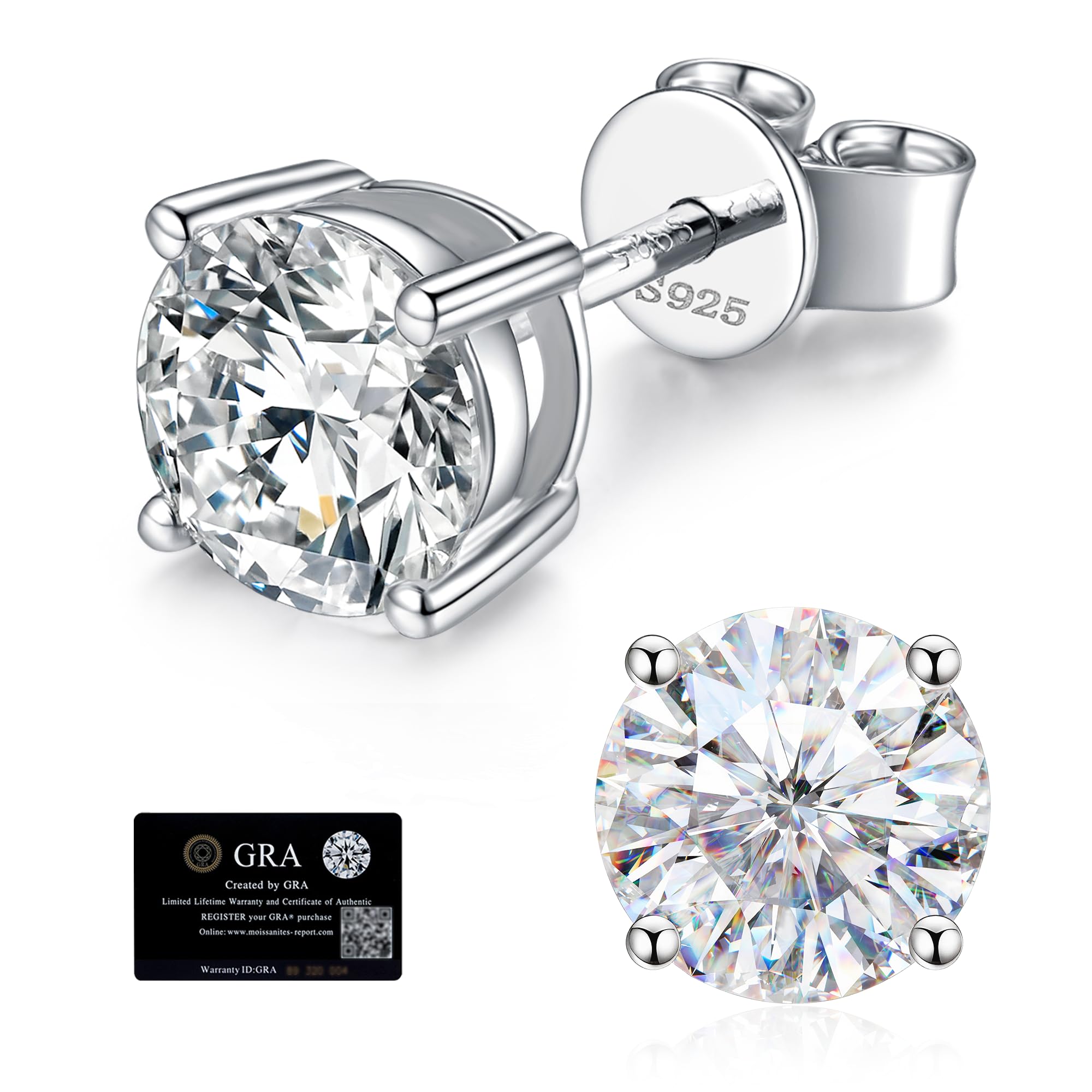 Moissanite Stud Earrings for Women, 925 Sterling Silver Earrings for Men