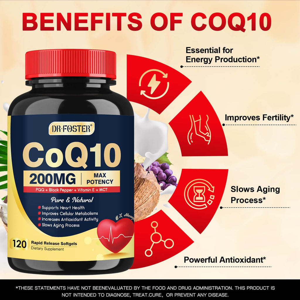 DRFOSTER Coq10 200mg, Coenzyme Q10 for Antioxidant & Energy Production, 6X Higher Absorption Cq10 with Vitamin E & PQQ & Black Pepper Extract, Co q 10 Supplement 120 Servings