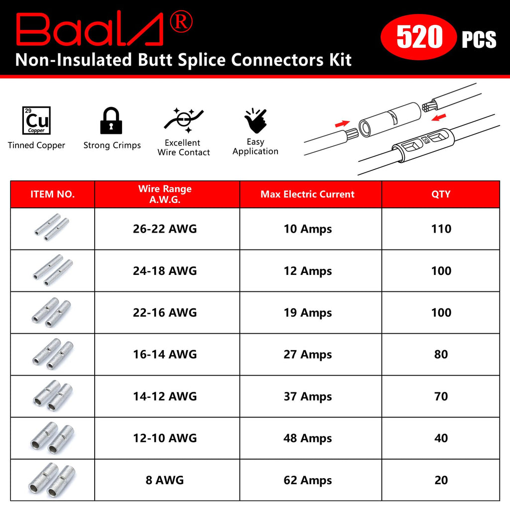 BAALA 520 PCS Non Insulated Butt Connectors Kit,26-8 Gauge Butt Splice Connector Uninsulated Wire Splice Connectors, Tinned Copper Marine Grade Seamless Barrel Crimping Butt Terminals