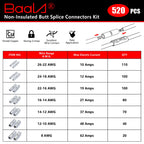BAALA 520 PCS Non Insulated Butt Connectors Kit,26-8 Gauge Butt Splice Connector Uninsulated Wire Splice Connectors, Tinned Copper Marine Grade Seamless Barrel Crimping Butt Terminals