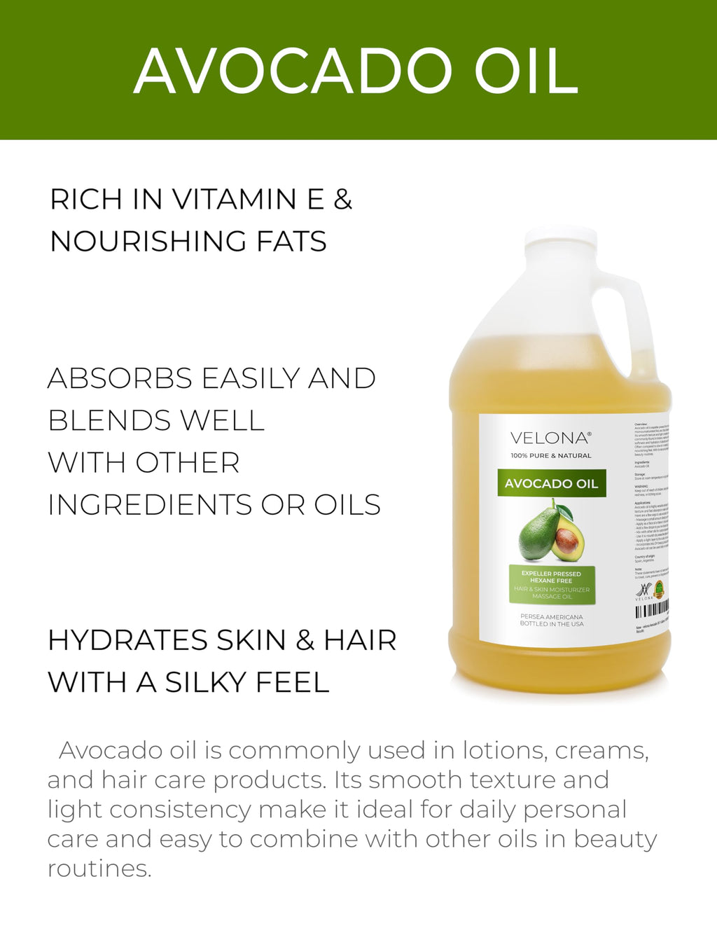 velona Avocado Oil 64 Fl Oz | 100% Pure and Natural Carrier Oil | Expeller-Pressed | Hair, Body and Skin Care | Use Today - Enjoy Results