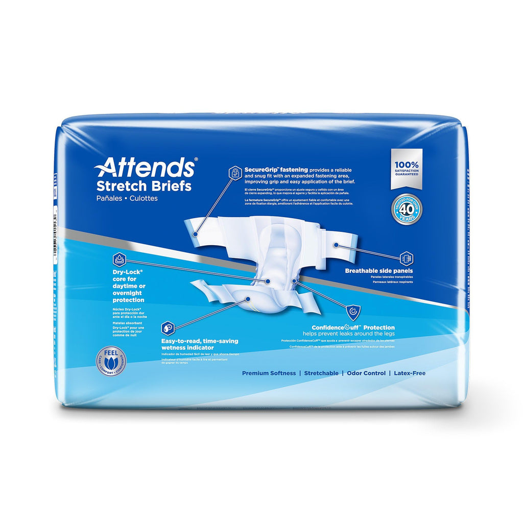 Attends Stretch Adult Disposable Briefs, Large/X-Large, 40"-70" Waist with Tab Closure, Ultimate Absorbency with Dry-Lock Containment Core, 96ct Case