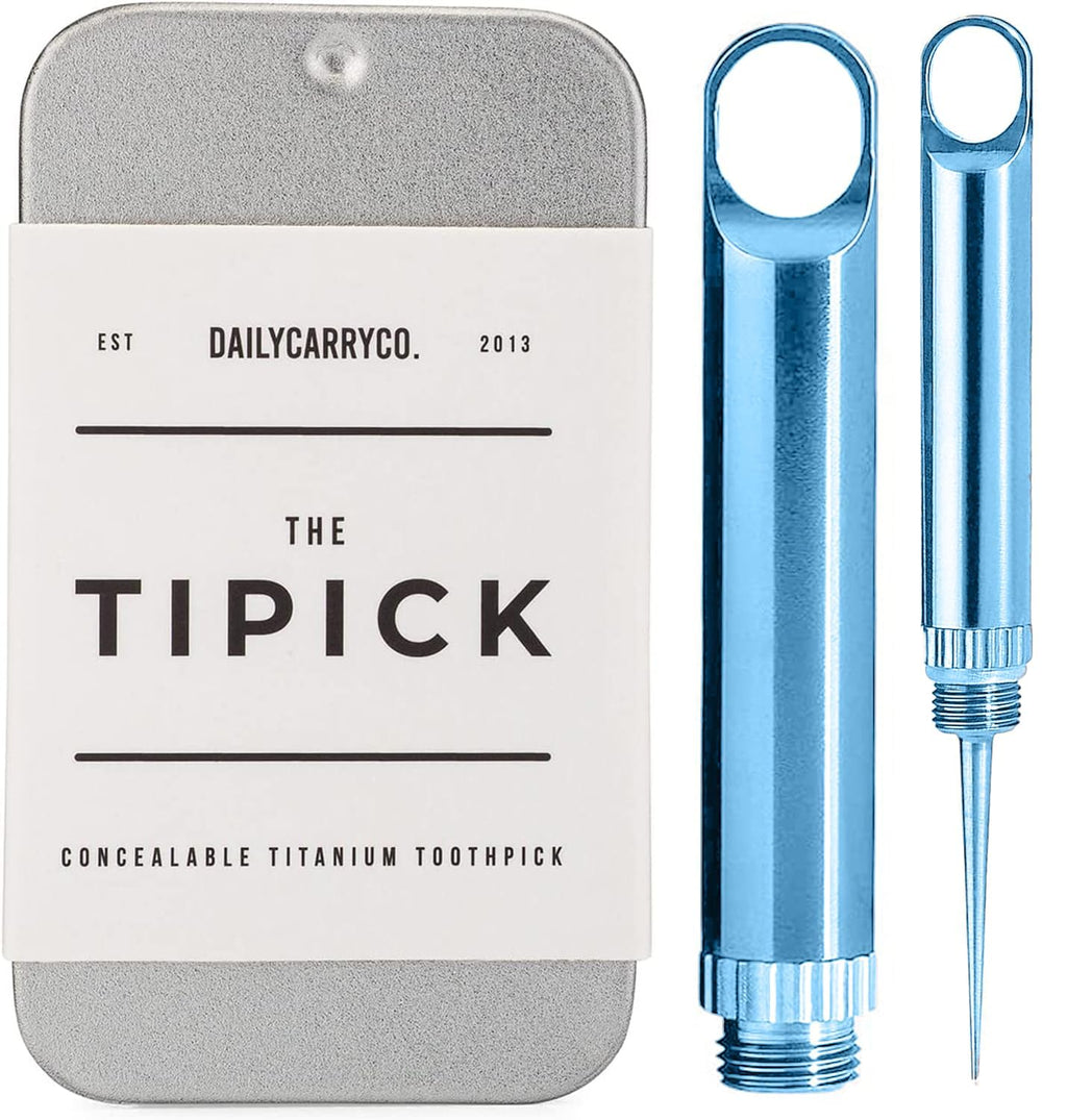 DAILYCARRYCO. TiPick Titanium Toothpick - Portable Metal Travel - Reusable EDC Micro Toothpick - Compact & Convenient - Carry On-The-Go - Titanium Construction, Ice Blue