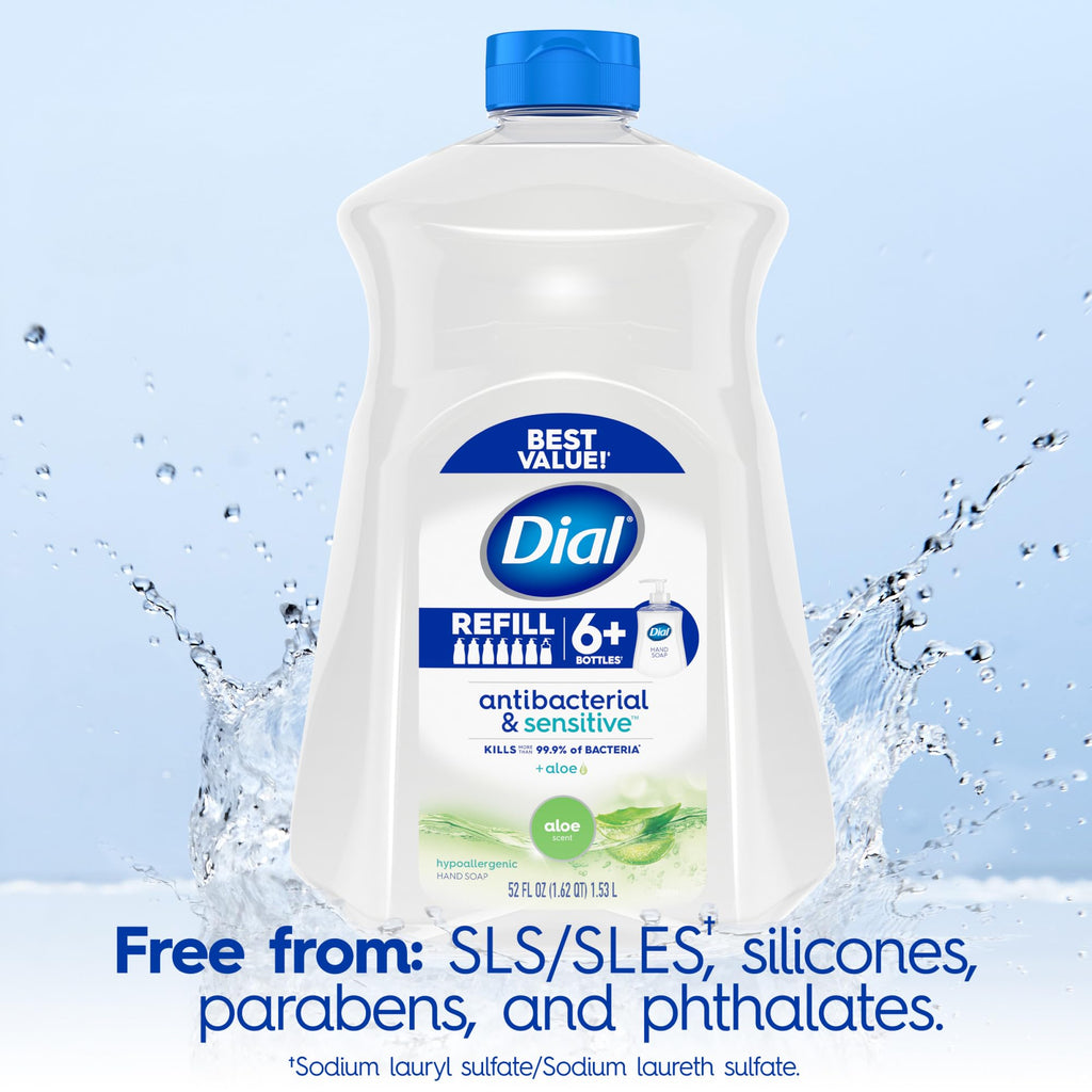 Dial Antibacterial Defense Liquid Hand Soap + Aloe, Aloe Scent, 52 Fl Oz Hand Soap Refill (Pack of 3), Dermatologist-Tested, Gentle Formula