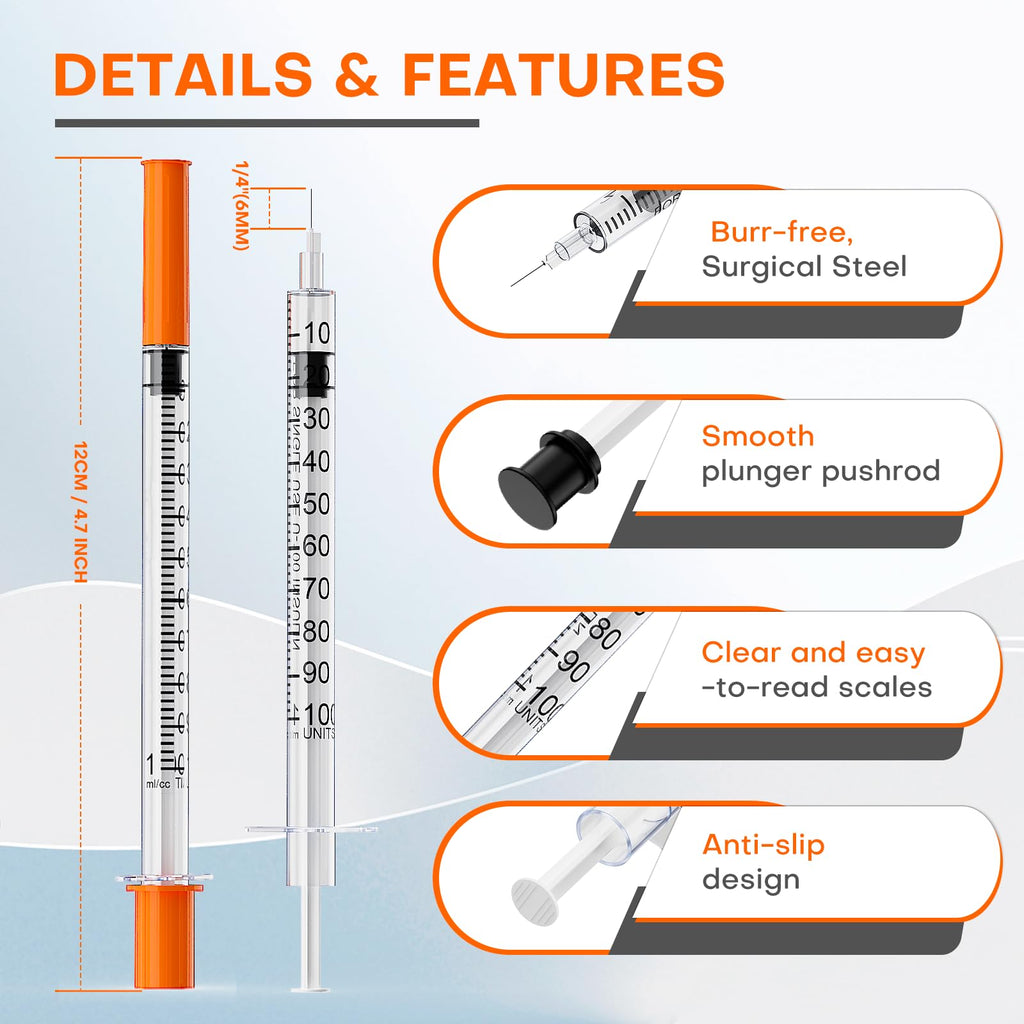 31G 1/4''(6mm) U-100 1mL/cc Lab Syringes Individually Wrapped, Pack of 100