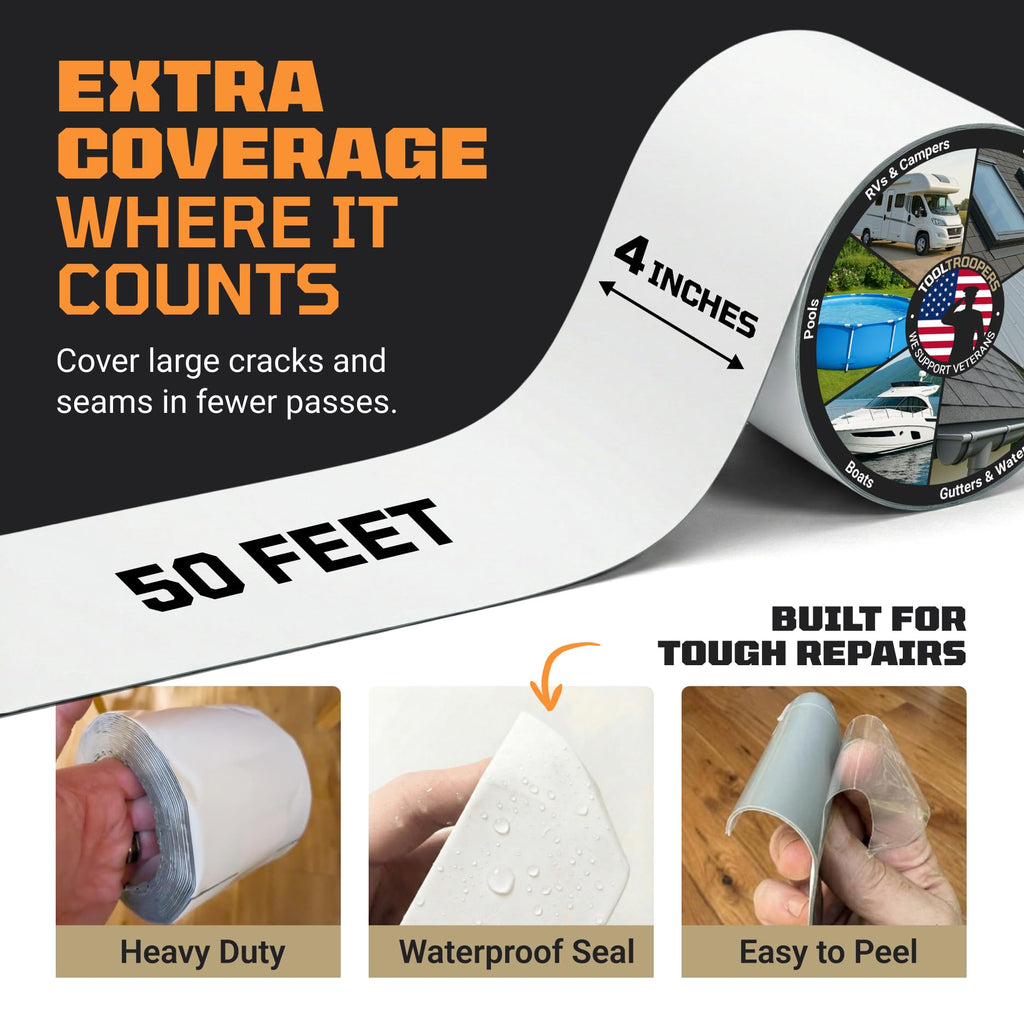 TITANPATCH PRO Waterproof Sealant Tape – White 4" x50' – Stops Leaks Fast & Stays Sealed for 15+ Years – Sticks to RVs, Roofs, Pools, Boats, Gutters – Built for Harsh Weather (-40°F to 190°F)