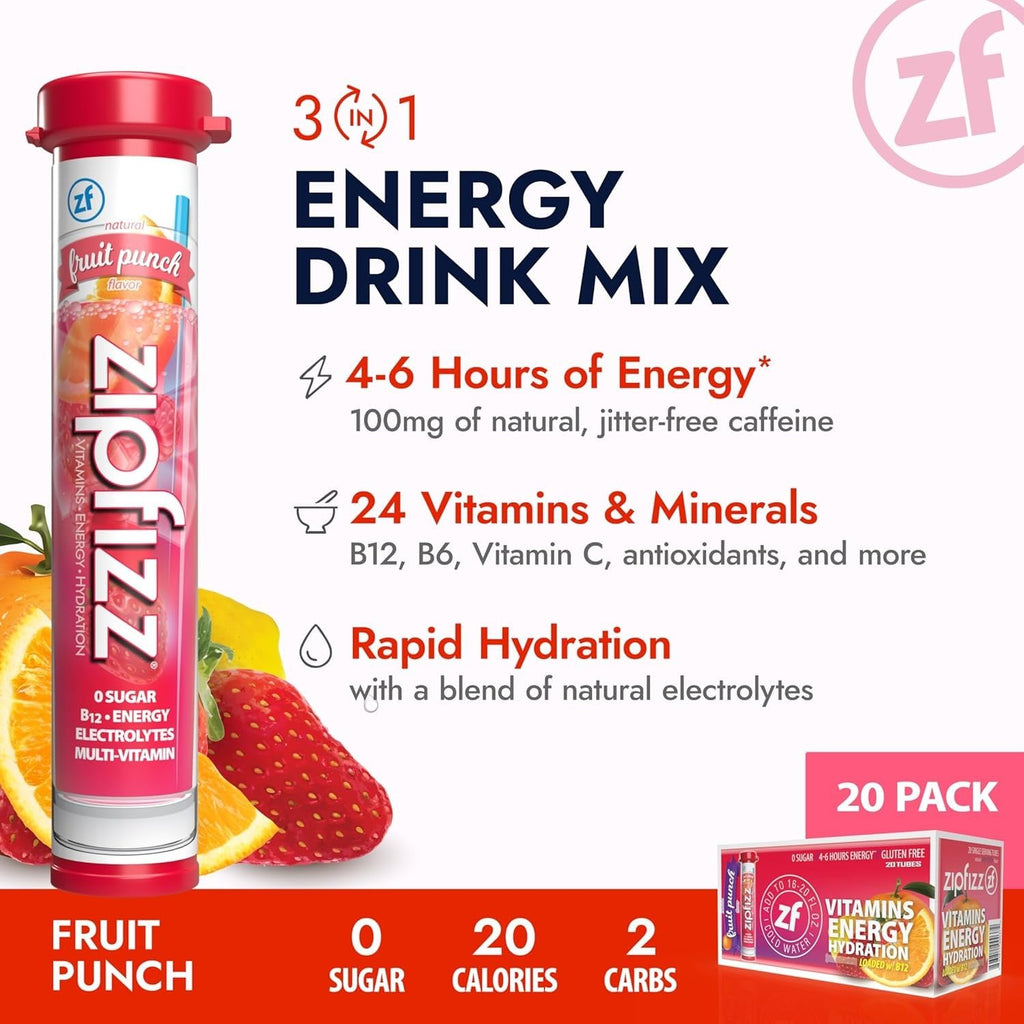 Zipfizz Energy Drink Powder, 20 Pack Electrolyte Mix with B12 - Fruit Punch