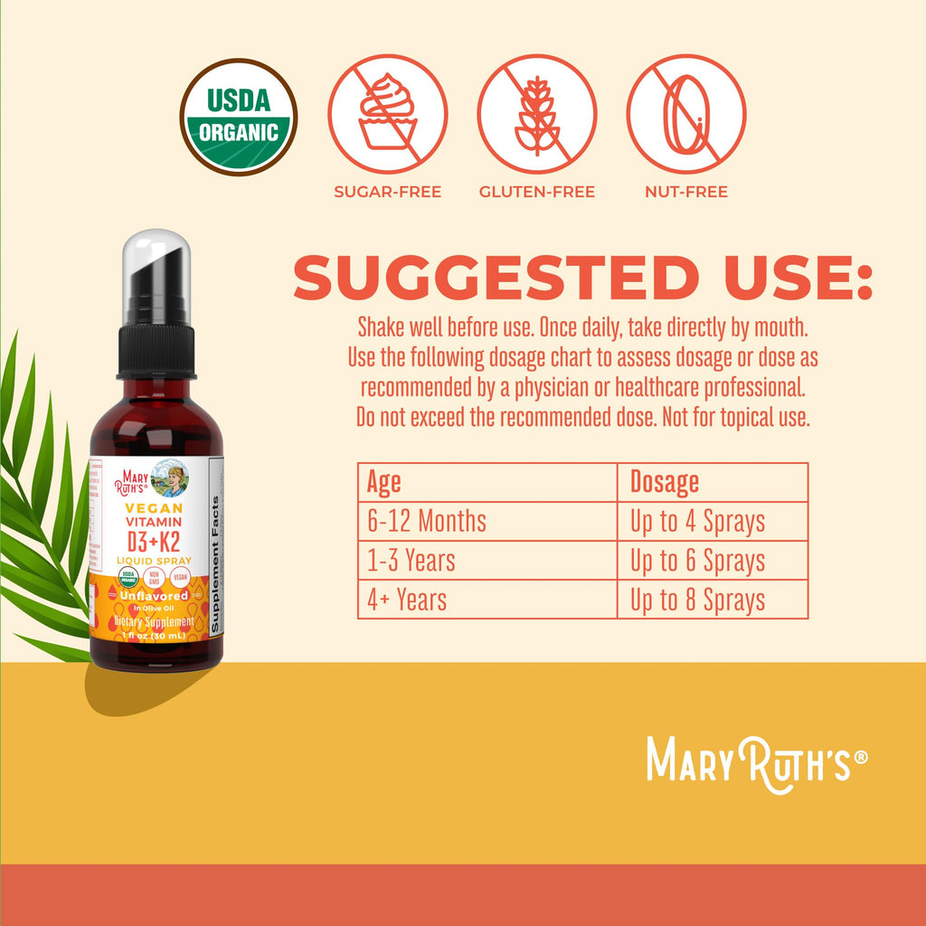 MaryRuth's Organic D3 + K2 Spray for Adults & Kids for Bone Health | Vitamin D3 as Cholecalciferol | Vitamin K2 | Immunity | Mineral Absorption | Heart Health | Vegan | Non-GMO | Gluten Free | 1 Fl Oz