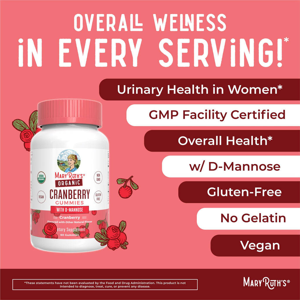 MaryRuth Organics Organic Cranberry Gummies - 500mg Supplement | Urinary Tract Health for Women | with D Mannose | Traditional Use | USDA Organic | Vegan | Non GMO | 30 Servings