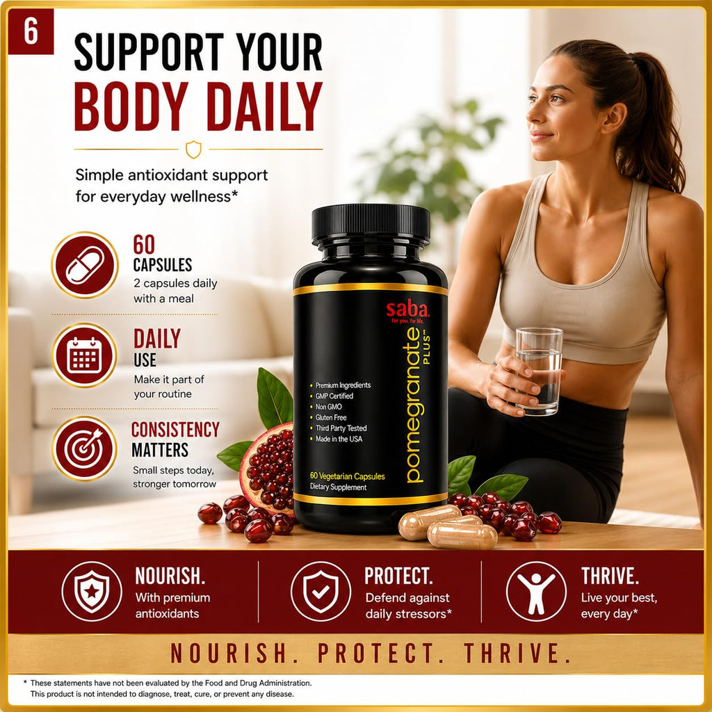 Saba Pomegranate Plus™ | Premium Longevity Support with AstaReal® Astaxanthin & Pomegranate Extract | Advanced Antioxidant Support for Healthy Aging, Cellular Protection & Daily Vitality | 60 Capsules