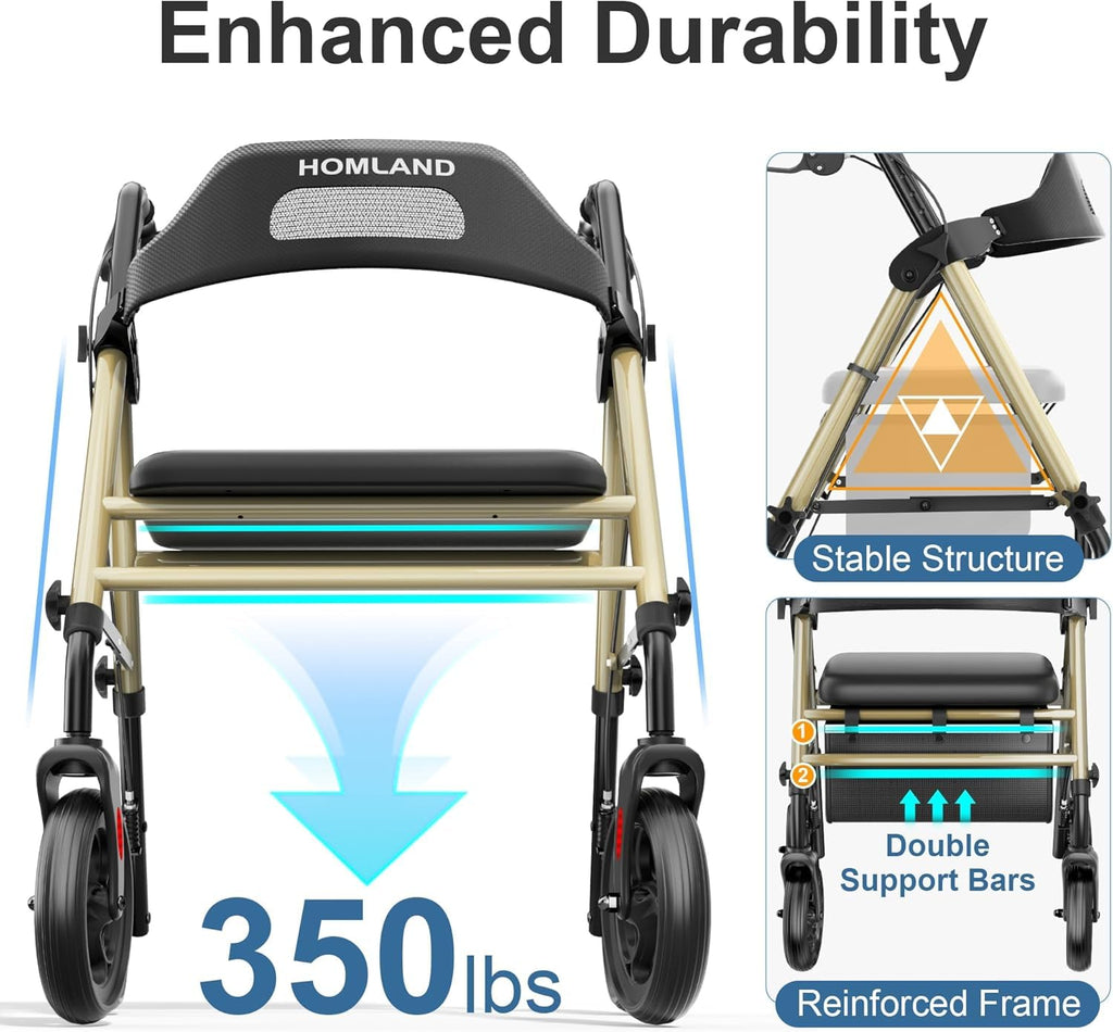 HOMLAND Foldable Rollator Walkers with Seat for Seniors, 8'' Big Wheels, 350 lb. Weight Capacity, Adjustable Handles and Seat Height, Lightweight Rolling Walker, Champagne Gold