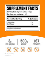 BulkSupplements.com L-Citrulline Malate 2:1 Powder - Nitric Oxide Boost, Citrulline Malate Supplement - Unflavored & Gluten Free - 3g per Servings, 500g (1.1 lbs) (Pack of 1)