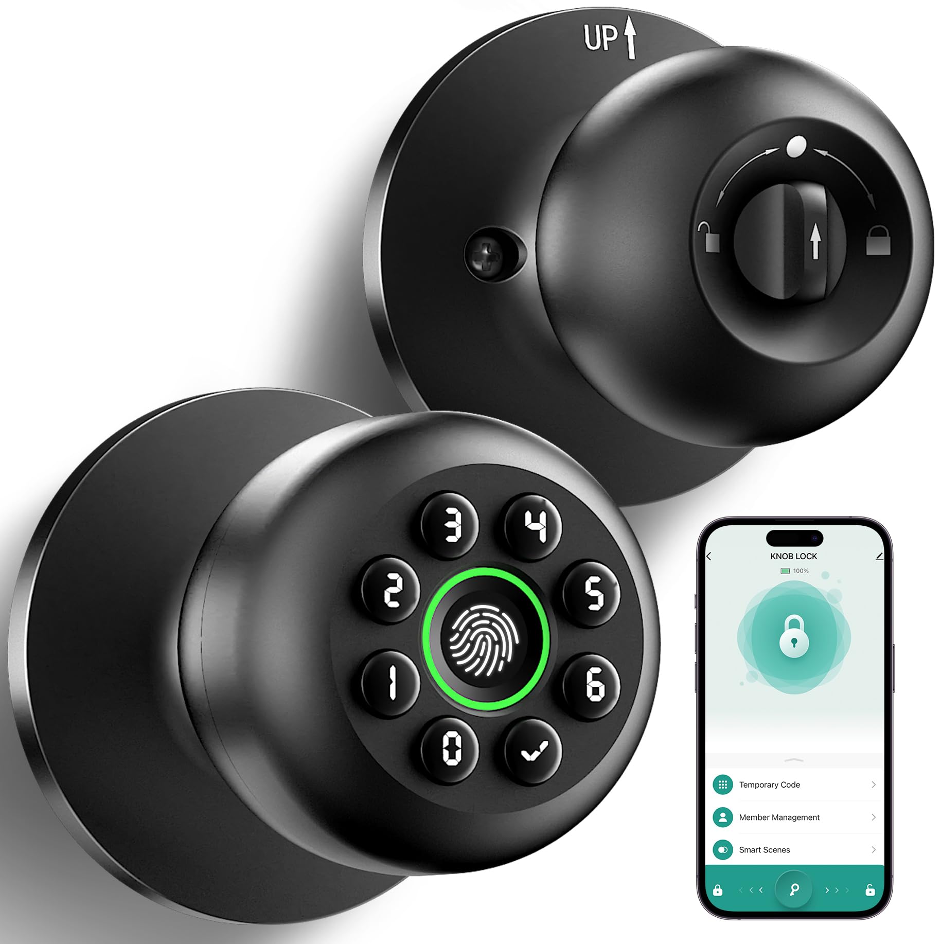 Fingerprint Door Lock, Smart Fingerprint Door Knob with Keypad, Biometric Door Lock with App Control, Auto Lock Door Lock with Code, Keyless Door Knob with Lock for Bedroom, Home-K10plus Matte Black