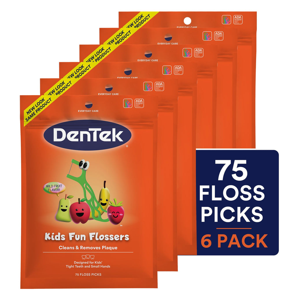 DenTek Fun Flossers – Kids Floss Picks with Wild Fruit Flavor, 75 Count (Pack of 12)