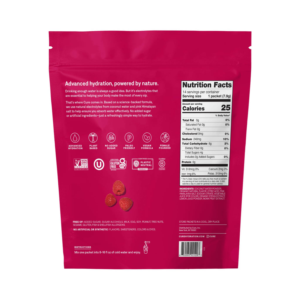 Cure Hydration | Plant-Based Electrolyte Drink Mix | No Added Sugar | Dehydration Relief Powder Made with Coconut Water | Non-GMO | Vegan | Pouch of 14 Packets - Raspberry