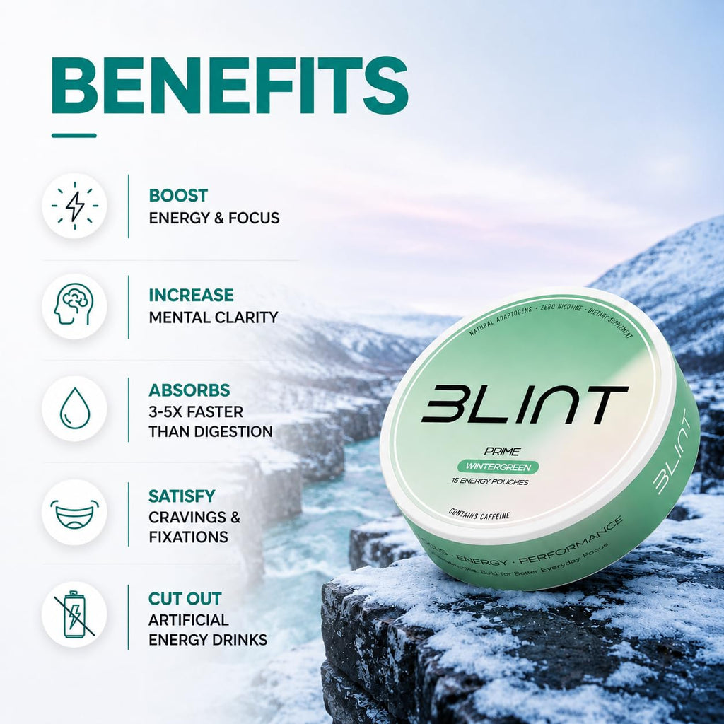 BLINT Prime Nootropic Pouches – L-Theanine, L-Tyrosine & Caffeine | Focus + Energy Supplement | Nicotine-Free, Tobacco-Free | 15 Pouches | Cool Mint (3 Cans)