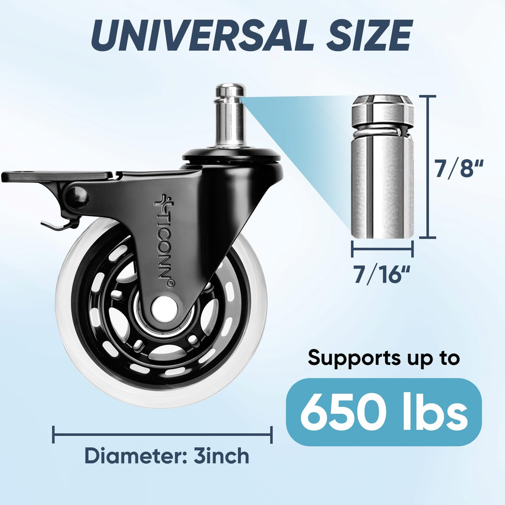 TICONN Office Chair Caster Wheels Set of 5 for Tile, Hardwood Floors and Carpets, Universal Fit for Most Chairs (Transparent with Brake)