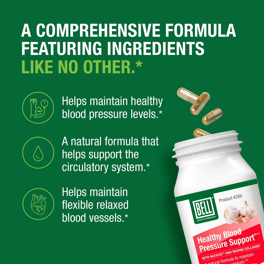 Bell Healthy Blood Pressure Support Unique Blend - Natural Blend of Green Coffee Bean Extract, Garlic & Celery Seed Extract Supplements with Naticol 1000 Marine Collagen - 120 Capsules, Vegan, Non-GMO