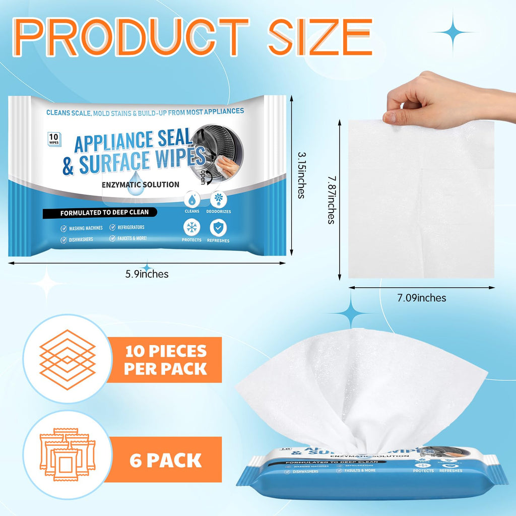 6 Pack 60 Pcs Home Appliance Surface Cleaner Wipes Heavy Duty Wipes for Cleaning Front Loading Washing Machine, Dryer Stainless Steel Refrigerator, Glass Cooktop, Microwave, Dishwasher, Counter