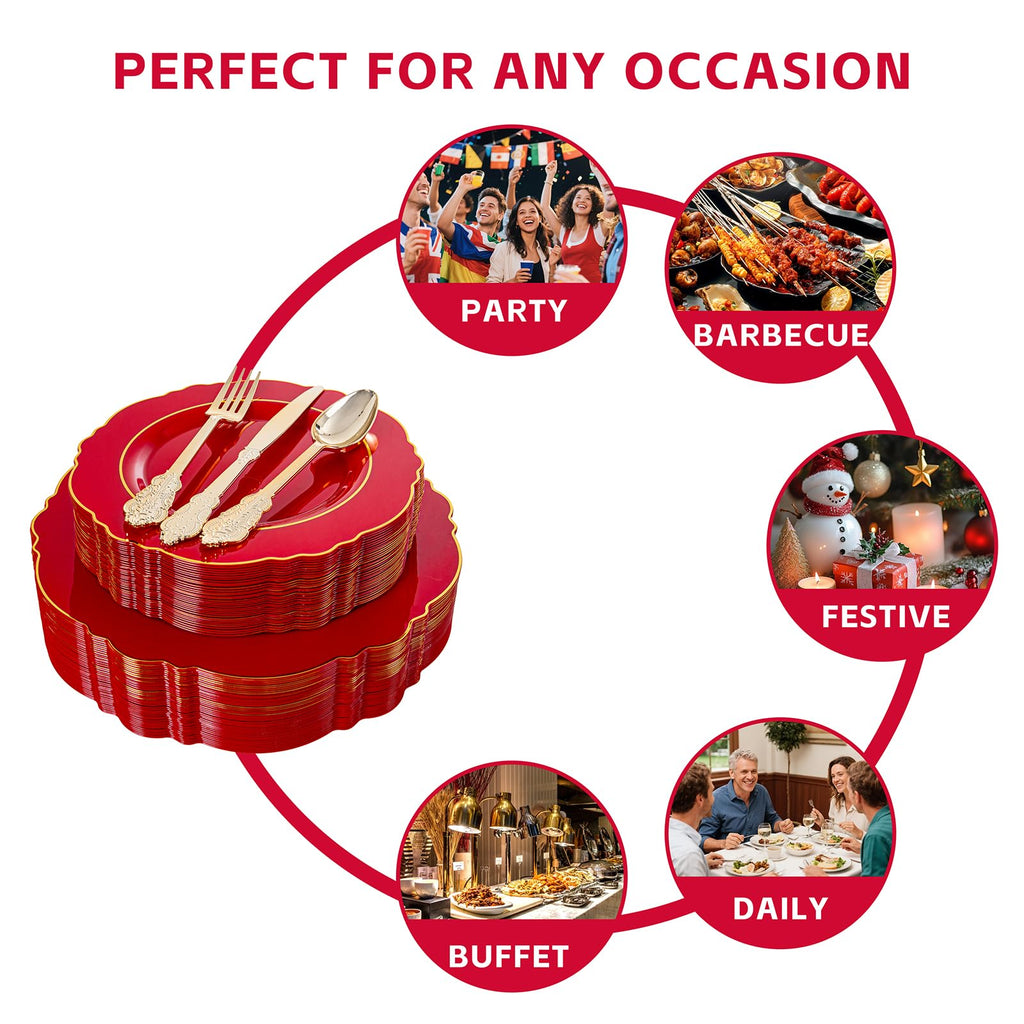 Liacere 350PCS Red Plastic Plates - Red Disposable Plates With Gold Rim - 50Guest Baroque Plastic Dinnerware include 100Plates-50Pack Pre Rolled Napkins with Silverware 50Cups for Independence Day
