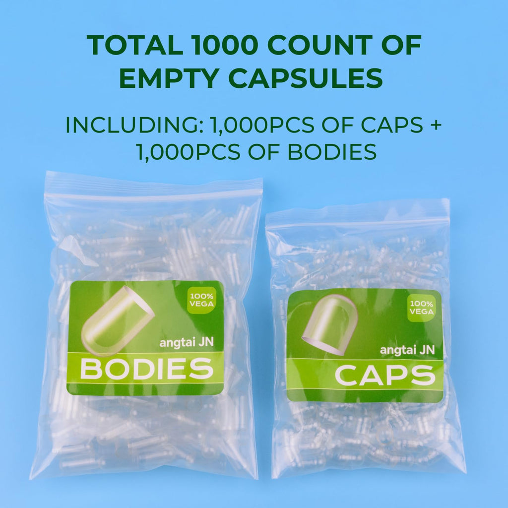 Angtai JN Empty Capsules Size 00 Separated Vegan Pill Caps Plant Based Clear (1,000 Caps+1,000 Bodies) Gluten Free, Non-GMO, Halal Certified Filling Kit for Vegetarian DIY Your Own Supplements