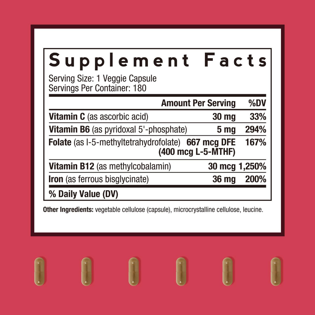 Doctor's Recipes Iron Supplement for Women Men - Gentle Iron Bisglycinate with Vitamin C, B6, Folate & B12, Stomach Friendly Iron Pills, 180 Vegan Caps