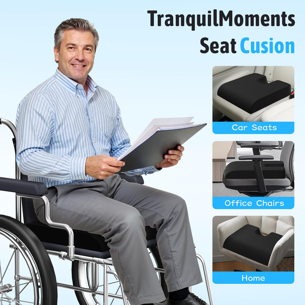 TranquilMoments Seat Cushion, Gel Wheelchair Seat Cushion，Ergonomic Chair Cushions for Office Chairs & Car, Relieve Sciatica, Back and Tailbone Pain, Removable Cover & Non - Slip Bottom, Black