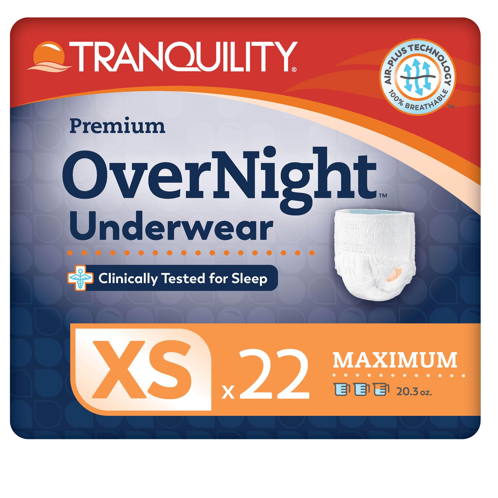 Tranquility Premium OverNight Disposable Absorbent Underwear (22 Count) - XS, 17-28 in. Waist - Maximum Absorbency, All-Night Sleep, Breathable Comfort, 22 Adult Diapers