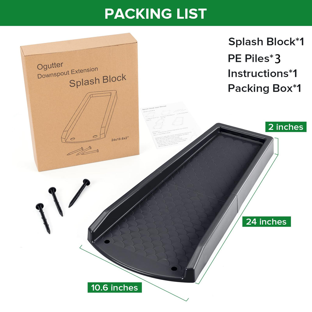 Ogutter Splash Blocks for Gutters Downspouts, 24" Downspout Extensions for Rain Water Drainage, Thickened Gutter Splash Guard with Fixing Piles(1 Pack, Black)