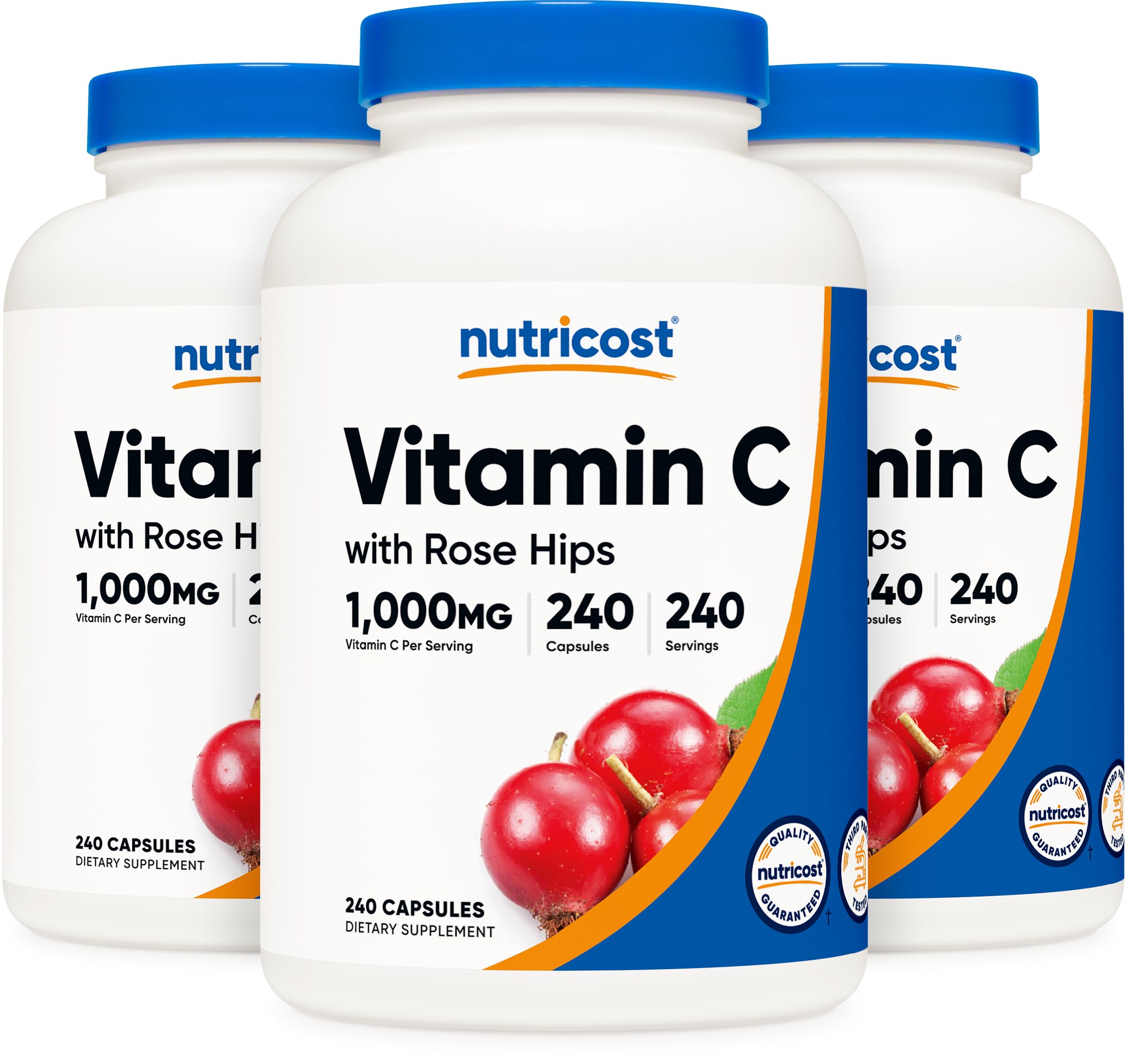 Nutricost Vitamin C with Rose HIPS 1025mg, 240 Capsules (3 Bottles) - Premium Non-GMO, Gluten Free Vitamin C Supplement