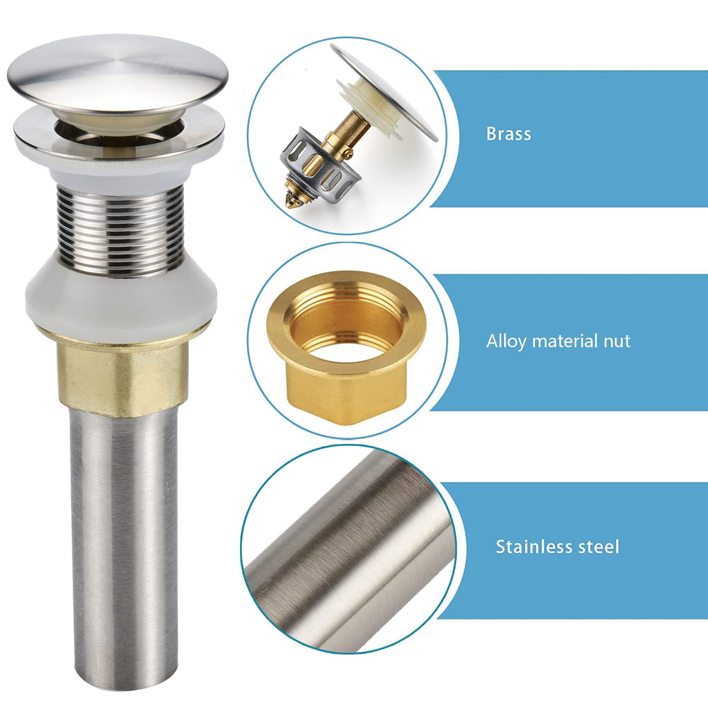 Rockgoya Bathroom Sink Drain,2 Pack Drain Stopper Bathroom Sink Without Overflow,Pop Up Drain Assembly with Detachable Strainer Basket,Built-in Anti-Clogging Strainer,Stainless Steel Brushed Nickel