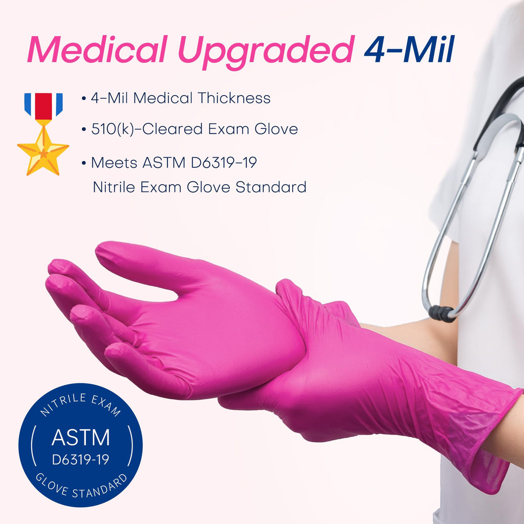 Supmedic Nitrile Exam Gloves, 4 Mil 100 Pcs Powder-Free Latex-Free Cooking Food-Safe Disposable Medical Gloves, Rose Orchid (Medium)