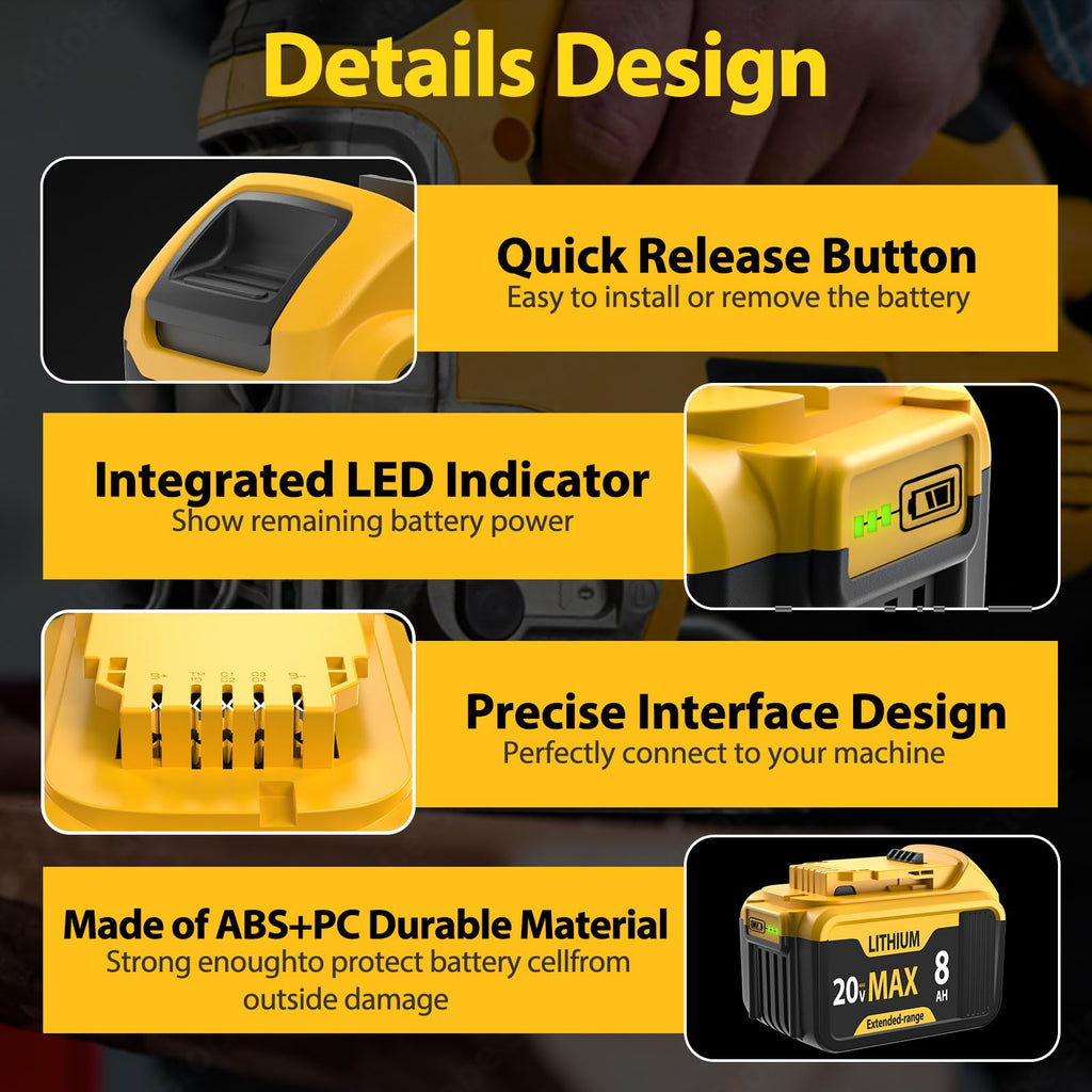 2-Packs 8000mAh Replace for Dewalt 20V Max Battery Compatible with DCB206 DCB201 DCB203 DCB207 DCB205 DCB204 Compatible with Dewalt 20V Cordless Power Tools and Chargers