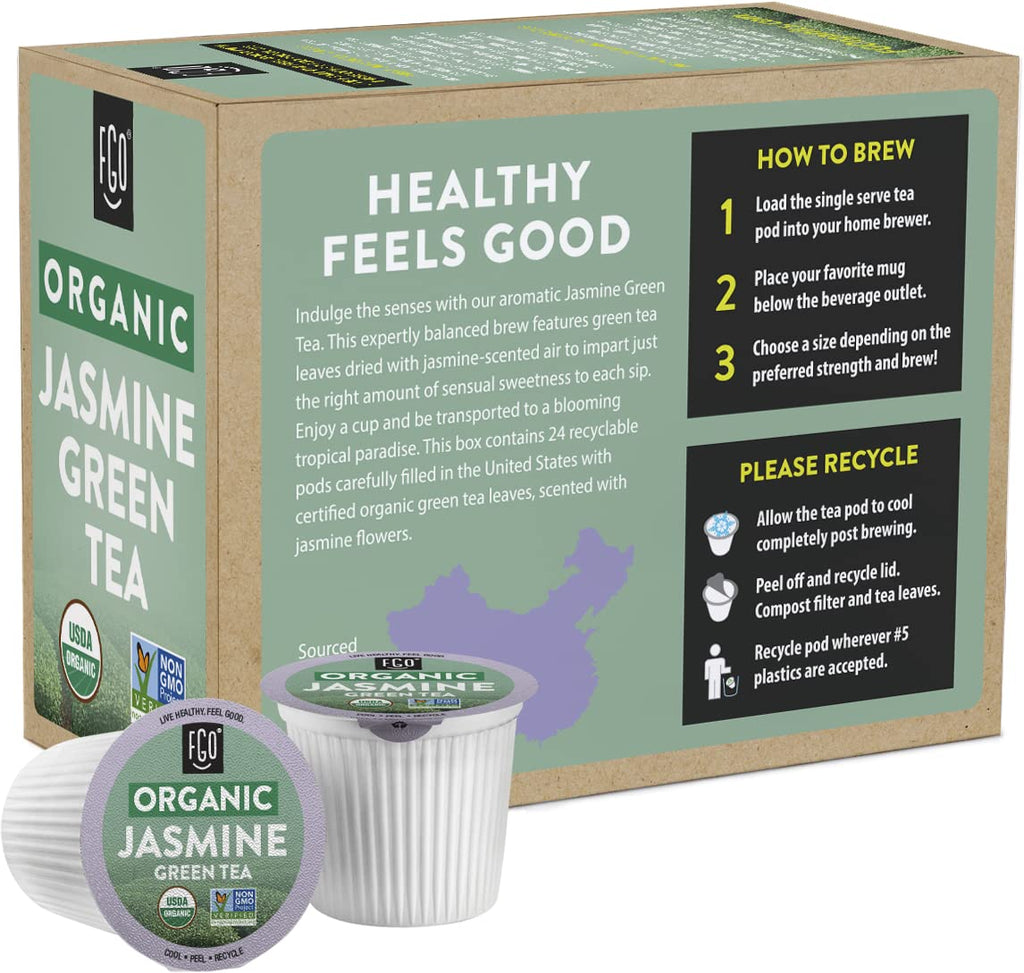 Organic Jasmine Tea K-Cup Pods, 24 Pods by FGO - Keurig Compatible - Naturally Occurring Caffeine, Premium Jasmine Green Tea is USDA Organic, Non-GMO, & Recyclable