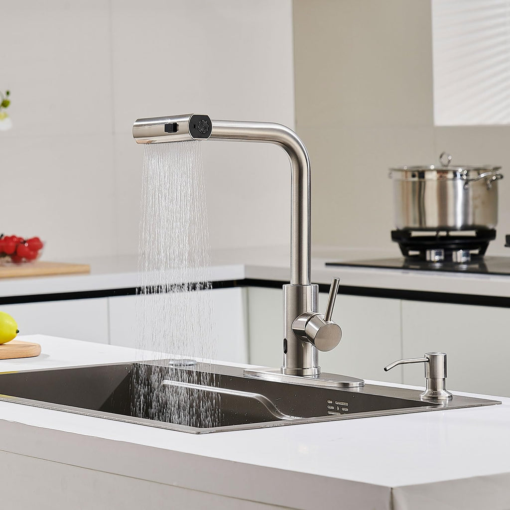 AVSIILE Brushed Nickel Touchless Kitchen Faucets with Pull Down Sprayer & Soap Dispenser, Single Hole & Handle, Pull Out Tap, Waterfall Stainless Steel Sink Faucet for Farmhouse Camper Laundry Rv Bar